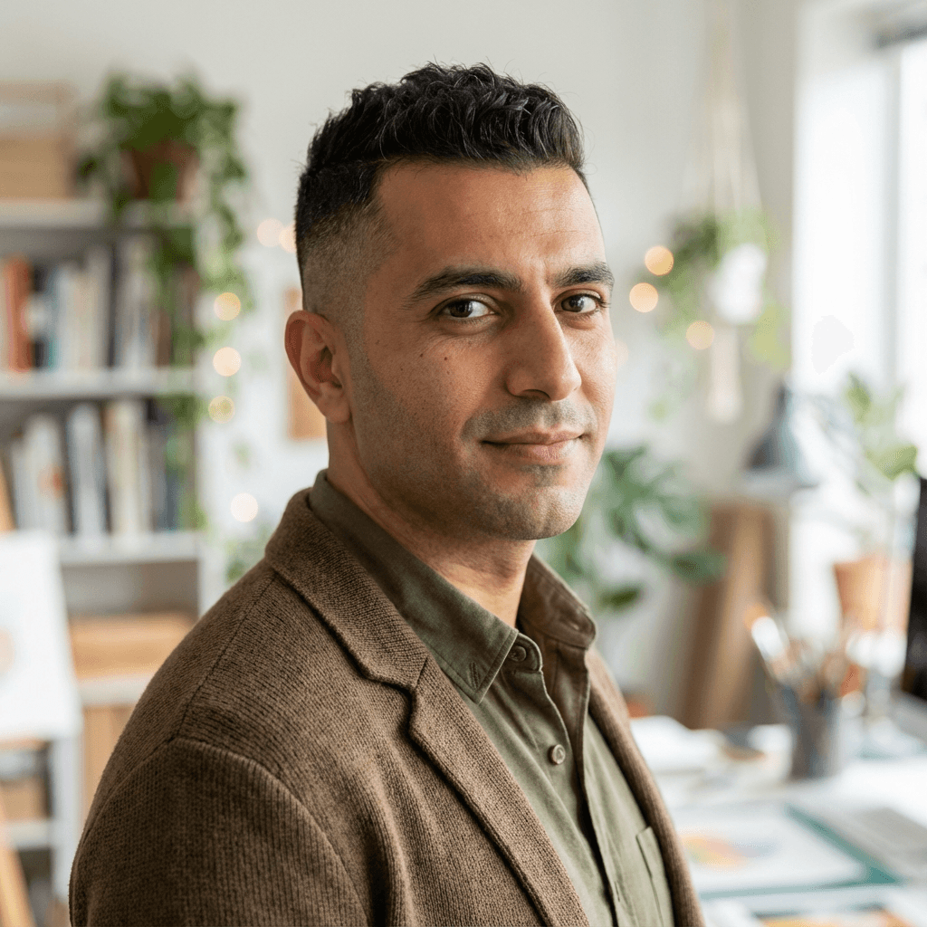 Portrait of a middle-aged man in professional casual attire, confident expression outdoors