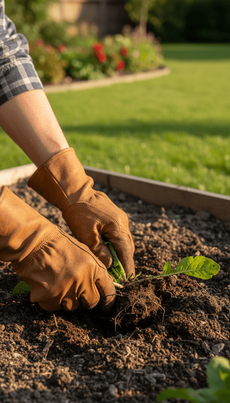 Gloved hands pulling a weed from a garden bed in Perth