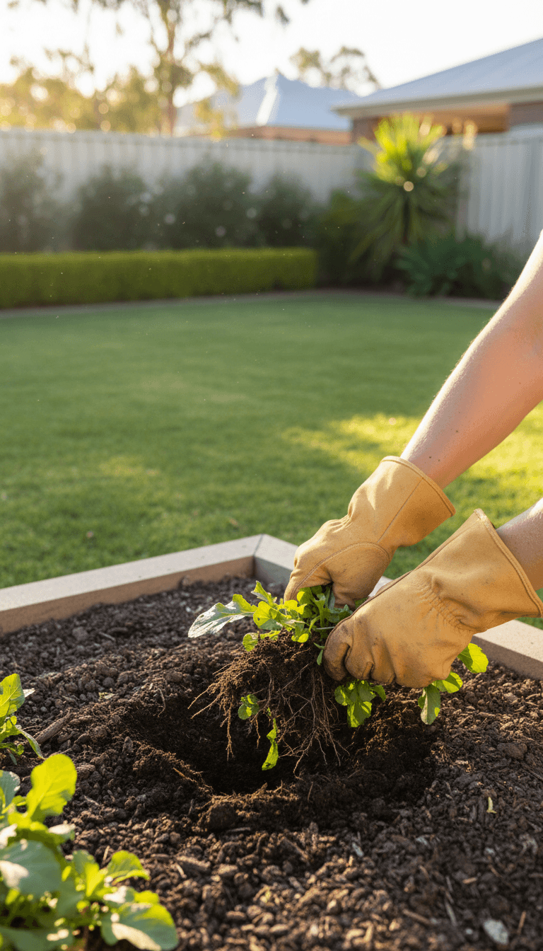 Gardener hands weeding a garden bed in a Perth backyard