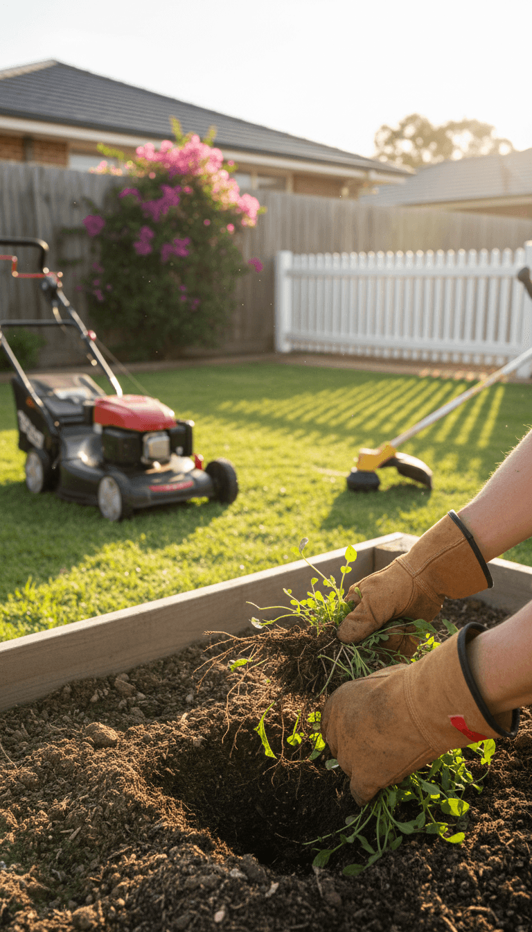 Gardener's hands pulling weeds in a Perth backyard