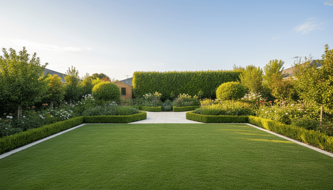 Canning Vale backyard with mown lawn, pruned hedges, and a clean path in warm light.