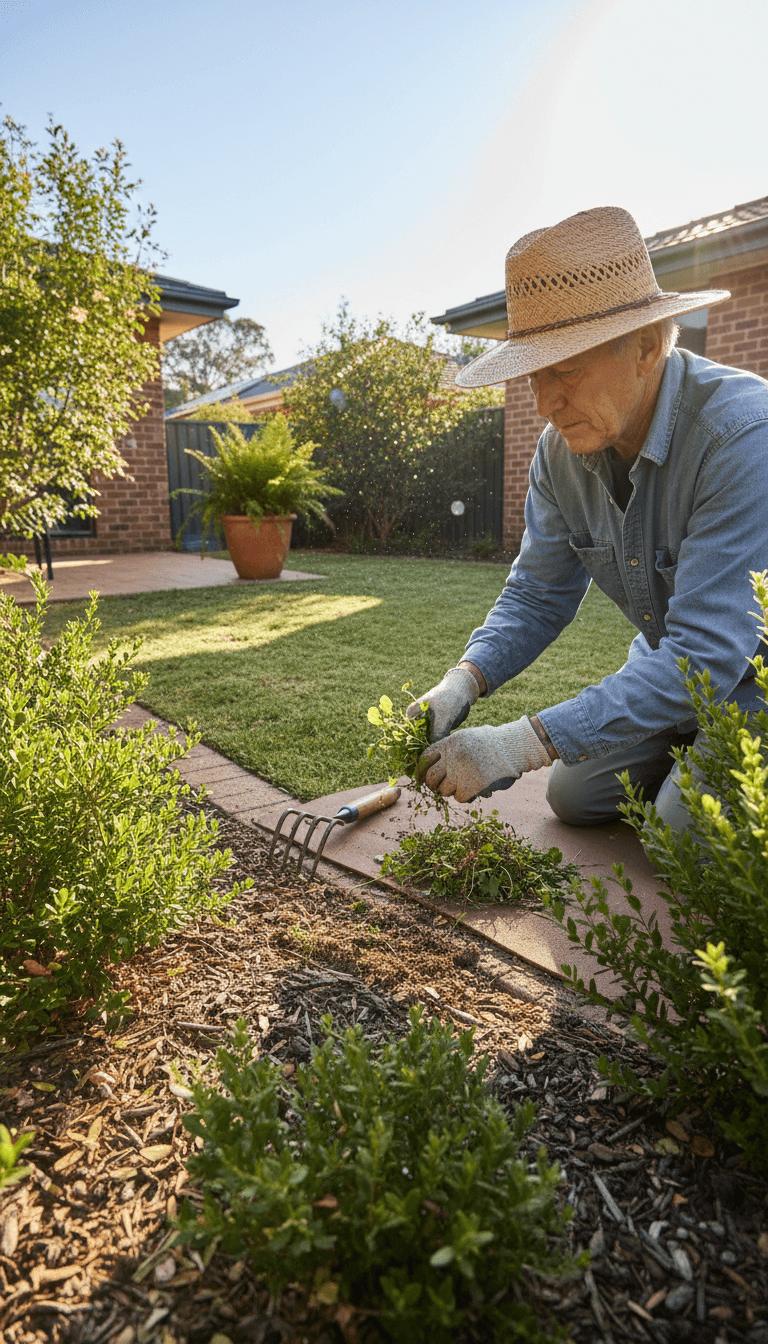 Gardener weeding a rental property garden bed in a Perth suburb