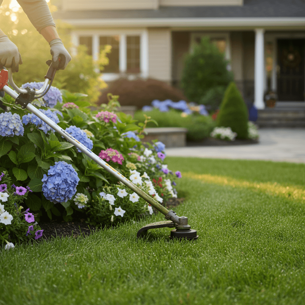 Close-up of a gardener in high-vis trimming a neat lawn edge beside a gravel path, tidy beds and clipped hedges, bright daylight