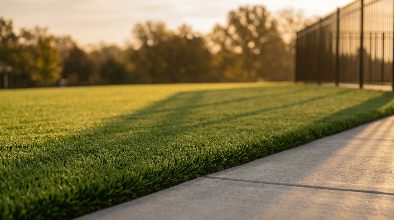 Freshly mown suburban lawn at golden hour, crisp edges along a pale concrete path, dense buffalo grass, warm Perth light, photoreal editorial
