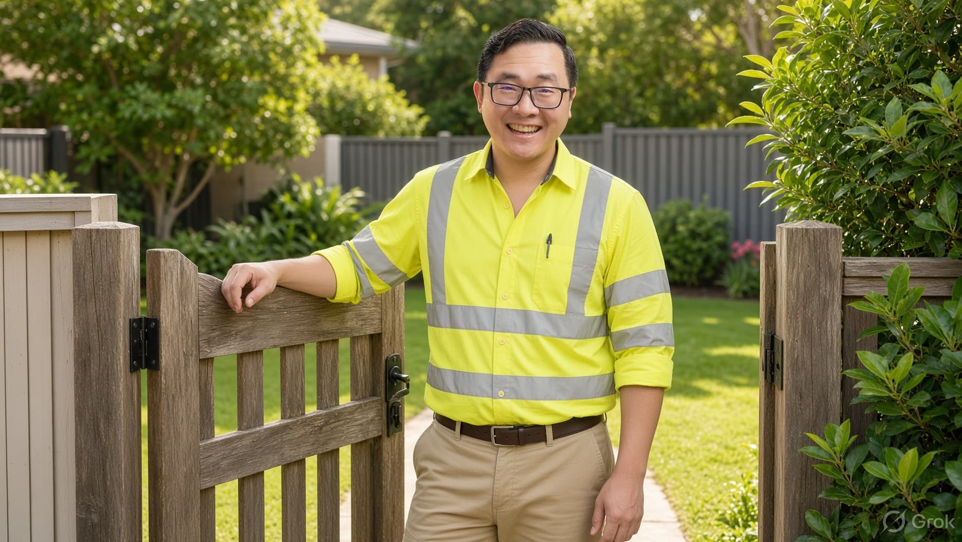 Smiling Asian man in a yellow safety shirt stands by an open wooden garden gate.