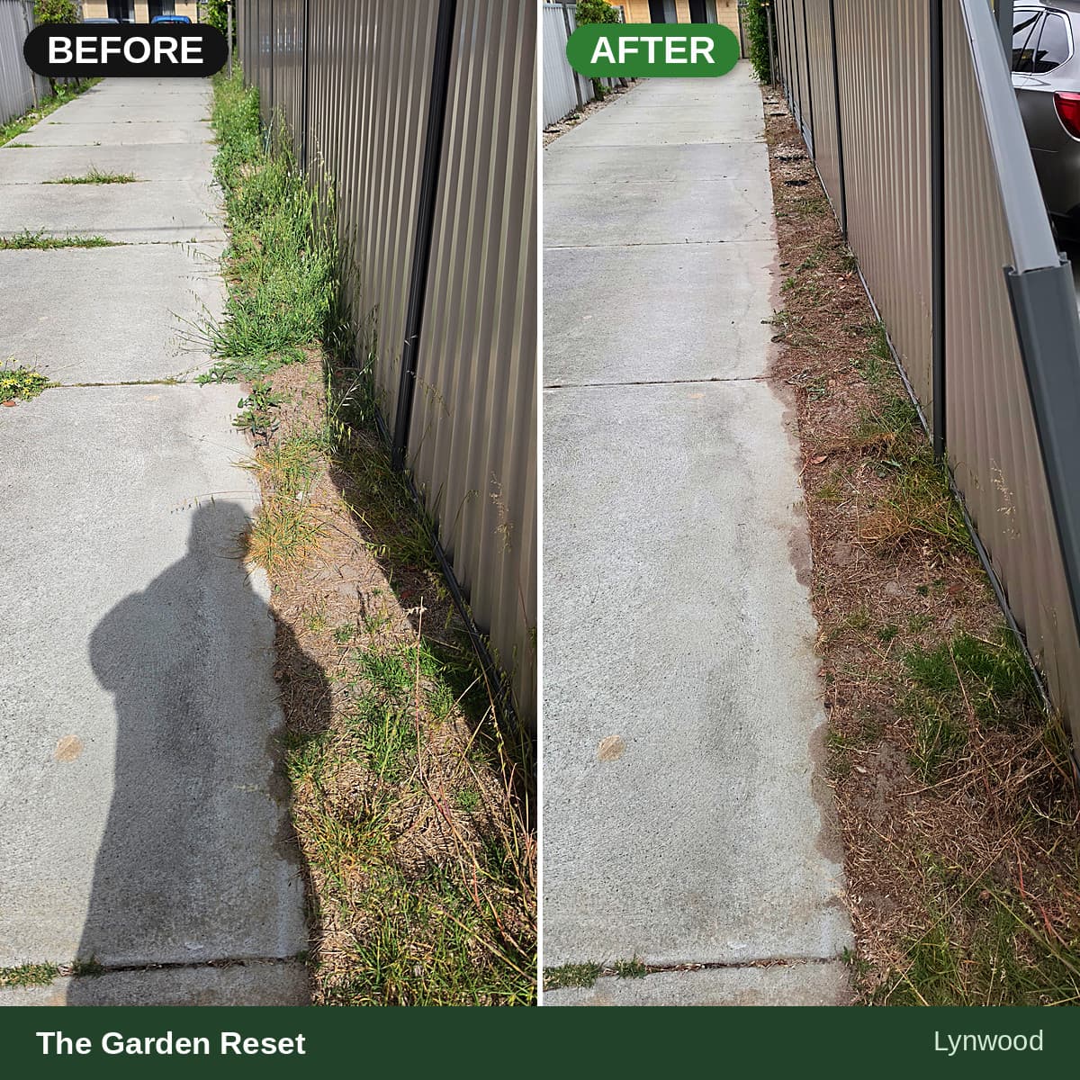 Before and after comparison of a concrete path with overgrown weeds cleared along a fence.
