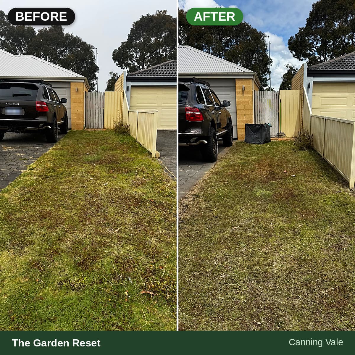 Before and after comparison of an overgrown residential lawn that has been mowed and tidied.