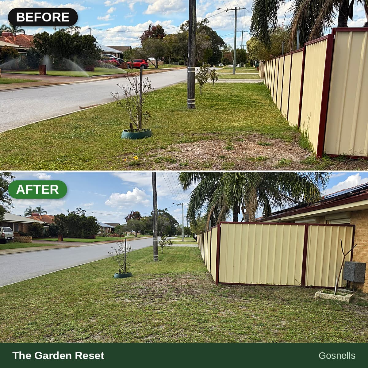 Before and after comparison of a new cream-colored metal fence installation along a suburban street.
