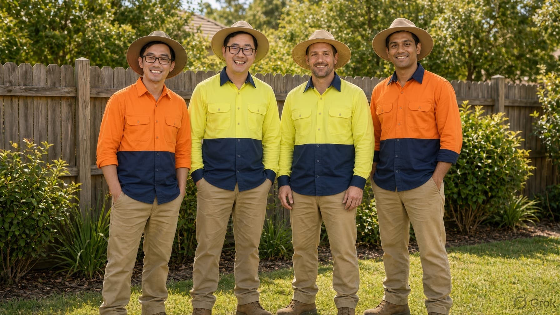 Four smiling men wearing high-visibility work shirts and hats standing in a sunny backyard.