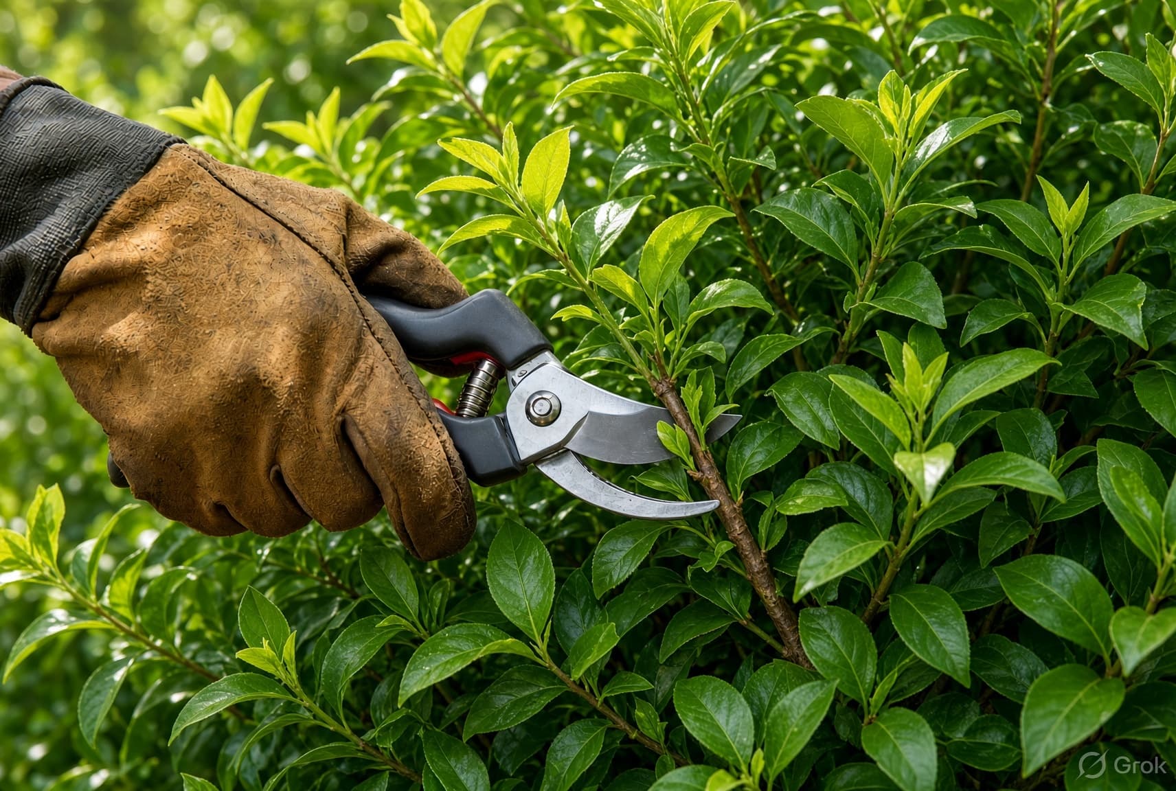 Gloved hand using sharp pruning shears to trim a branch on a lush green bush.