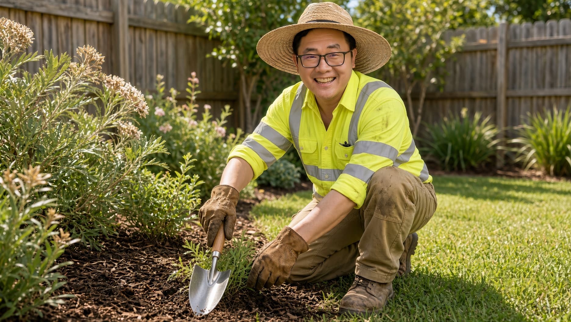 Smiling man in a high-visibility shirt and straw hat gardens with a hand trowel.