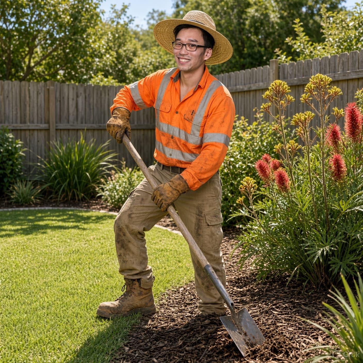 Smiling man in high-visibility clothing and straw hat shoveling mulch in a backyard garden.